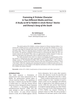 Framming a Trickster Character in Two Different Media and Eras: a Study on Br’Er Rabbit in Uncle Remus’ Stories and Disney’S Song of the South