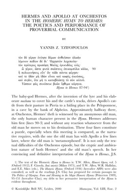 Hermes and Apollo at Onchestos in the Homeric Hymn to Hermes : the Poetics and Performance of Proverbial Communication