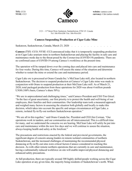 Cameco Suspending Production at Cigar Lake Mine