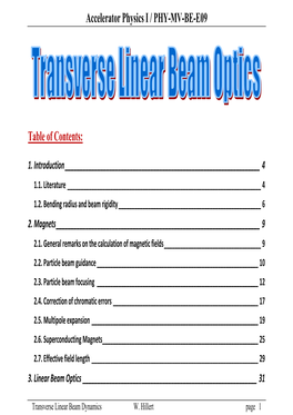 Accelerator Physics I / PHY-MV-BE-E09 Table of Contents