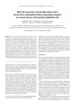 IQGAP1 Promotes Cell Proliferation and Is Involved in a Phosphorylation-Dependent Manner in Wound Closure of Bronchial Epithelial Cells