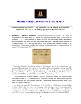 Military History Anniversaries 1 Thru 15 MAR