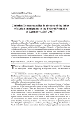 Christian Democrat Policy in the Face of the Influx of Syrian Immigrants to the Federal Republic of Germany (2015–2017)1