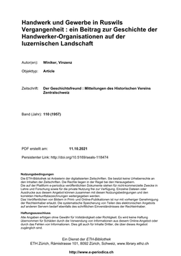 Handwerk Und Gewerbe in Ruswils Vergangenheit : Ein Beitrag Zur Geschichte Der Handwerker-Organisationen Auf Der Luzernischen Landschaft