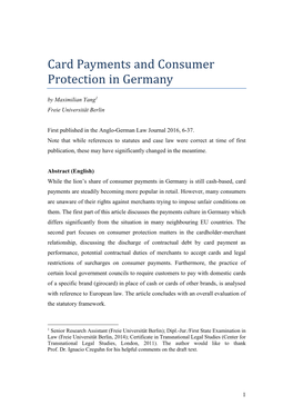 Card Payments and Consumer Protection in Germany by Maximilian Yang1 Freie Universität Berlin