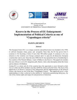 Kosovo in the Process of EU Enlargement: Implementation of Political Criteria As One of “Copenhagen Criteria”