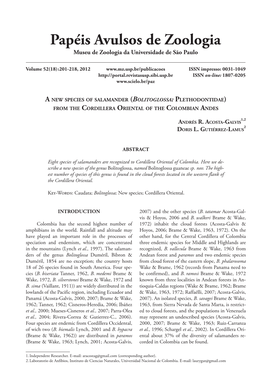 A New Species of Salamander (Bolitoglossa: Plethodontidae) from the Cordillera Oriental of the Colombian Andes