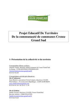 Projet Educatif De Territoire De La Communauté De Communes Creuse Grand Sud