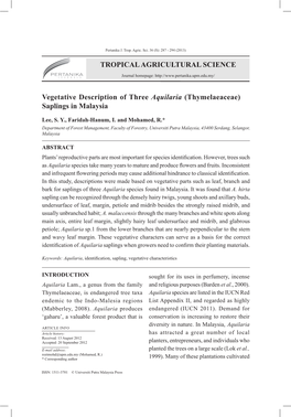 TROPICAL AGRICULTURAL SCIENCE Vegetative Description Of