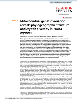 Mitochondrial Genetic Variation Reveals Phylogeographic Structure and Cryptic Diversity in Trioza Erytreae Inusa Ajene1,2,3, Fathiya M