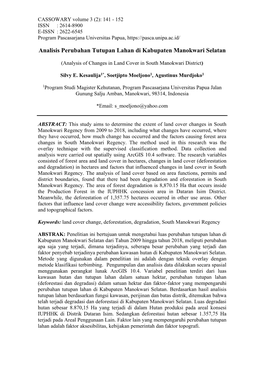 Analisis Perubahan Tutupan Lahan Di Kabupaten Manokwari Selatan