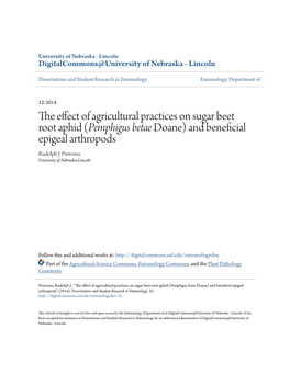 The Effect of Agricultural Practices on Sugar Beet Root Aphid (Pemphigus Betae Doane) and Beneficial Epigeal Arthropods Rudolph J