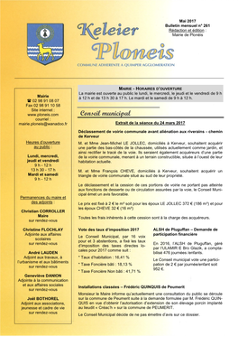 Conseil Municipal Courriel : Mairie.Ploneis@Wanadoo.Fr Extrait De La Séance Du 24 Mars 2017