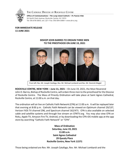 Bishop John Barres to Ordain Three Men to the Priesthood on June 19, 2021