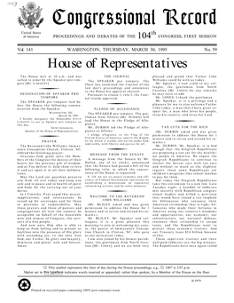 Congressional Record United States Th of America PROCEEDINGS and DEBATES of the 104 CONGRESS, FIRST SESSION