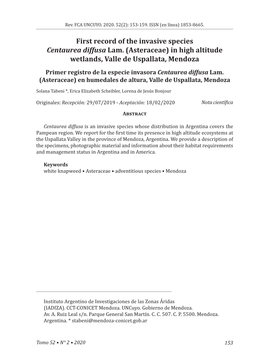 Asteraceae) in High Altitude Wetlands, Valle De Uspallata, Mendoza Primer Registro De La Especie Invasora Centaurea Diffusa Lam