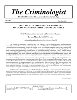 The Criminologist Page 1 the Criminologist the Official Newsletter of the American Society of Criminology