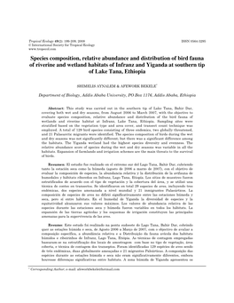 Species Composition, Relative Abundance and Distribution of Bird Fauna of Riverine and Wetland Habitats of Infranz and Yiganda at Southern Tip of Lake Tana, Ethiopia