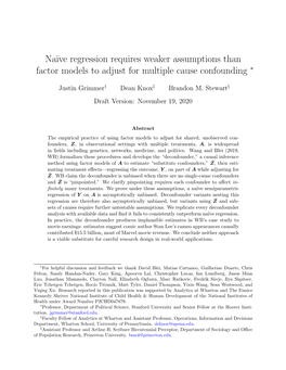 Na¨Ive Regression Requires Weaker Assumptions Than Factor Models to Adjust for Multiple Cause Confounding ∗