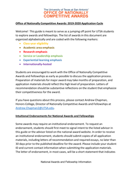 Office of Nationally Competitive Awards: 2019-2020 Application Cycle