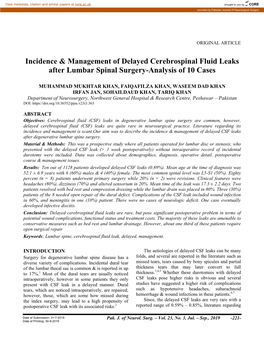 Incidence & Management of Delayed Cerebrospinal Fluid Leaks After