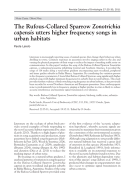 The Rufous-Collared Sparrow Zonotrichia Capensis Utters Higher Frequency Songs in Urban Habitats