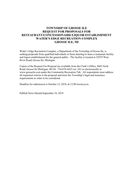 Township of Grosse Ile Request for Proposals for Restaurant/Concessionaire/Liquor Establishment Water’S Edge Recreation Complex Grosse Ile, Mi