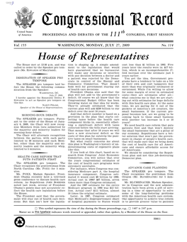 Congressional Record United States Th of America PROCEEDINGS and DEBATES of the 111 CONGRESS, FIRST SESSION