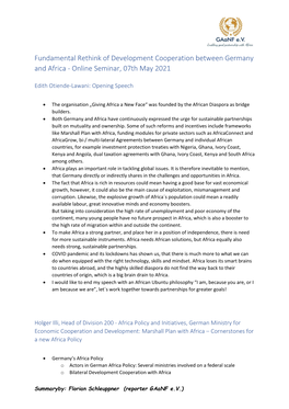 Fundamental Rethink of Development Cooperation Between Germany and Africa - Online Seminar, 07Th May 2021