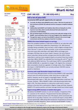 Bharti Airtel BSE SENSEX S&P CNX 28,441 8,281 CMP: INR 429 TP: INR 620(+44% ) Buy