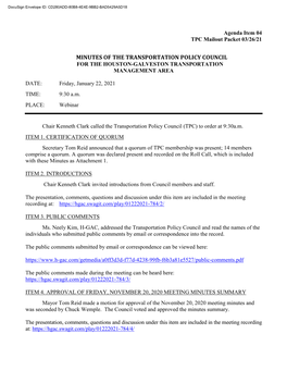 Minutes of the Transportation Policy Council for the Houston-Galveston Transportation Management Area