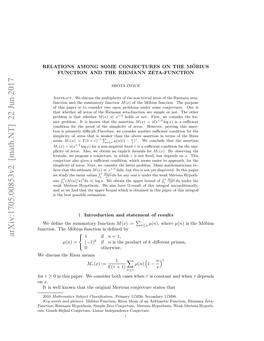 Arxiv:1705.00853V2 [Math.NT] 22 Jun 2017 Edsusterezmeans Riesz the Discuss We Ucin H ¨Bu Ucini Endby Deﬁned Is M¨Obius Function the Function