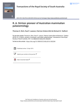 R. A. Stirton: Pioneer of Australian Mammalian Palaeontology