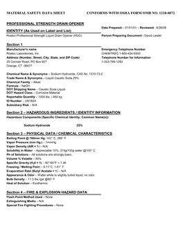 IDENTITY (As Used on Label and List) Roebic Professional Strength Liquid Drain Opener (PDO) Person Preparing Document - David Lawler