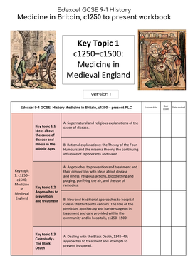 Key Topic 1 C1250–C1500: Medicine in Medieval England