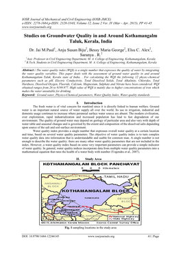 Studies on Groundwater Quality in and Around Kothamangalm Taluk, Kerala, India