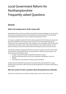 Local Government Reform for Northamptonshire Frequently-Asked Questions