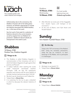 Shabbos Sunday Monday