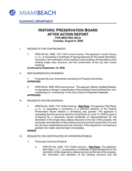 HISTORIC PRESERVATION BOARD AFTER ACTION REPORT for MEETING HELD Tuesday, August 8, 2006