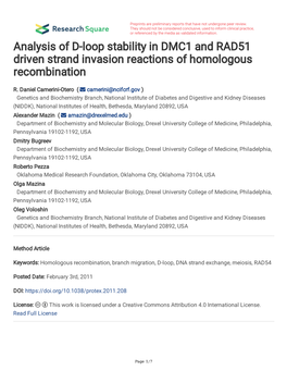 Analysis of D-Loop Stability in DMC1 and RAD51 Driven Strand Invasion Reactions of Homologous Recombination