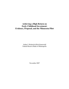 Achieving a High Return on Early Childhood Investment: Evidence, Proposal, and the Minnesota Pilot