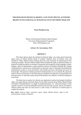 The Demand of Political Rights: Case Study Special Autonomy Region Status for Malay Muslim Patani in Southern Thailand