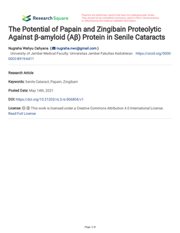 The Potential of Papain and Zingibain Proteolytic Against Β-Amyloid (Aβ) Protein in Senile Cataracts
