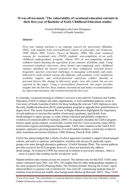 The Vulnerability of Vocational Education Entrants in Their First Year of Bachelor of Early Childhood Education Studies