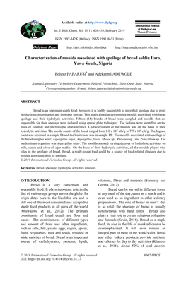 Characterization of Moulds Associated with Spoilage of Bread Soldin Ilaro, Yewa-South, Nigeria