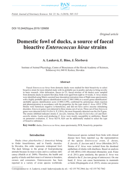 Domestic Fowl of Ducks, a Source of Faecal Bioactive Enterococcus Hirae Strains