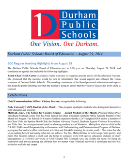 Durham Public Schools Board of Education – August 29, 2014