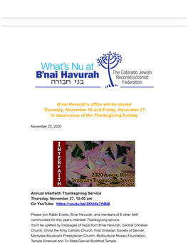 B'nai Havurah's Office Will Be Closed Thursday, November 26 and Friday, November 27 in Observance of the Thanksgiving Holiday