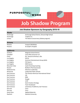 Alaska Arizona California Job Shadow Sponsors by Geography 2018-19