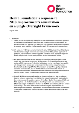 Health Foundation's Response to NHS Improvement's Consultation on A